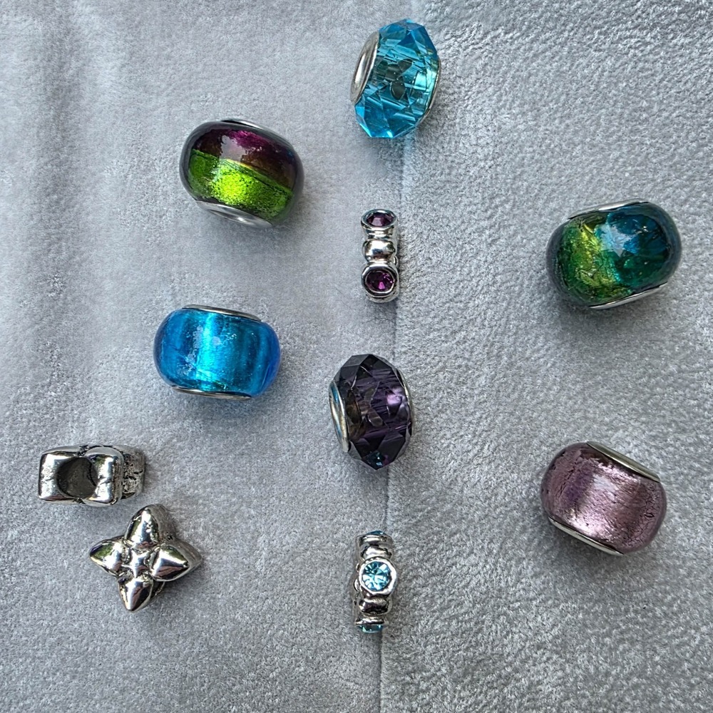 10pc European Style Charm Bead Lot 6 Glass Beads 4 Silver Tone Spacers